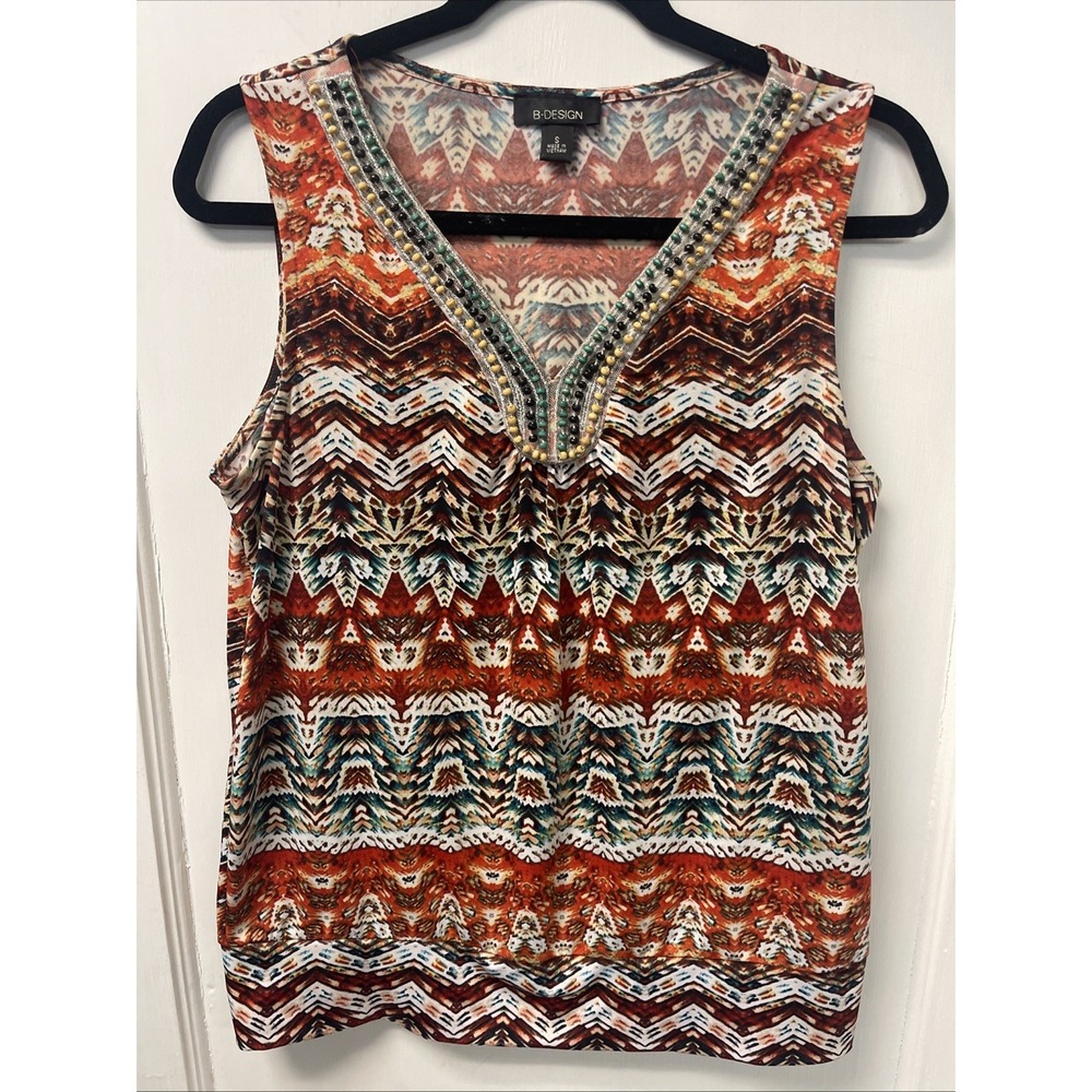 B-Design Sleeveless Tank Top Beaded Neckline Multicolor, Geometric Design Sz S